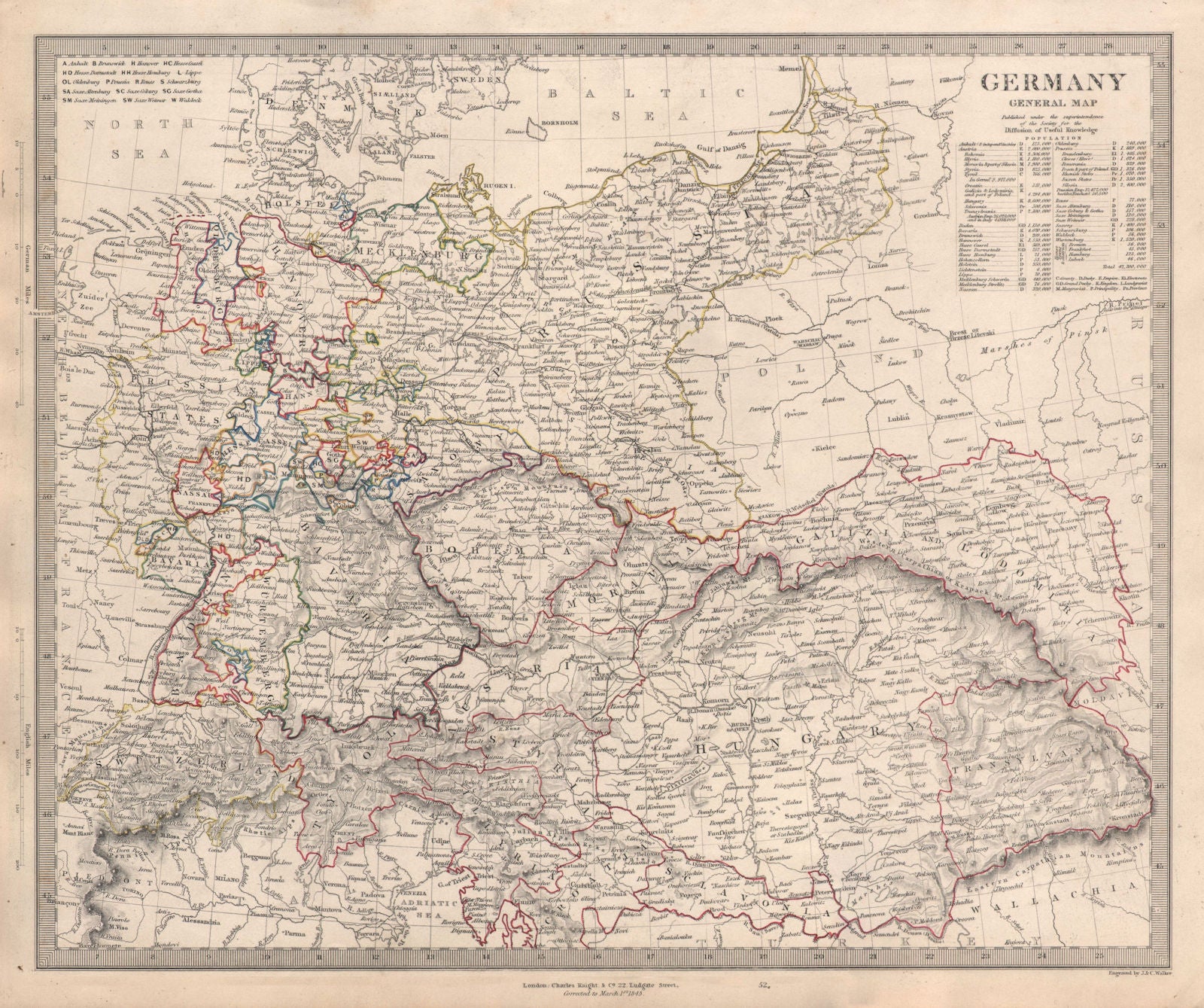 GERMANY General Map. Austria-Hungary & Switzerland. Population table. SDUK 1845